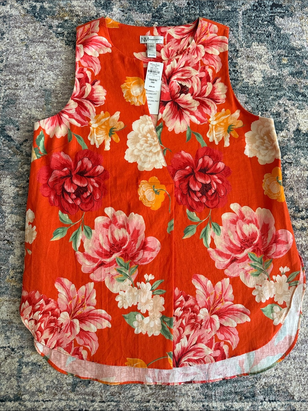 NWT Neiman Marcus Orange Floral V-Neck Sleeveless Top